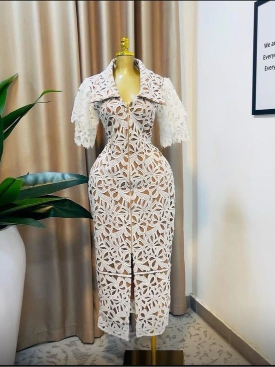 Dresses & Skirts - Lace Midi Dress with Floral Cutwork - Cream